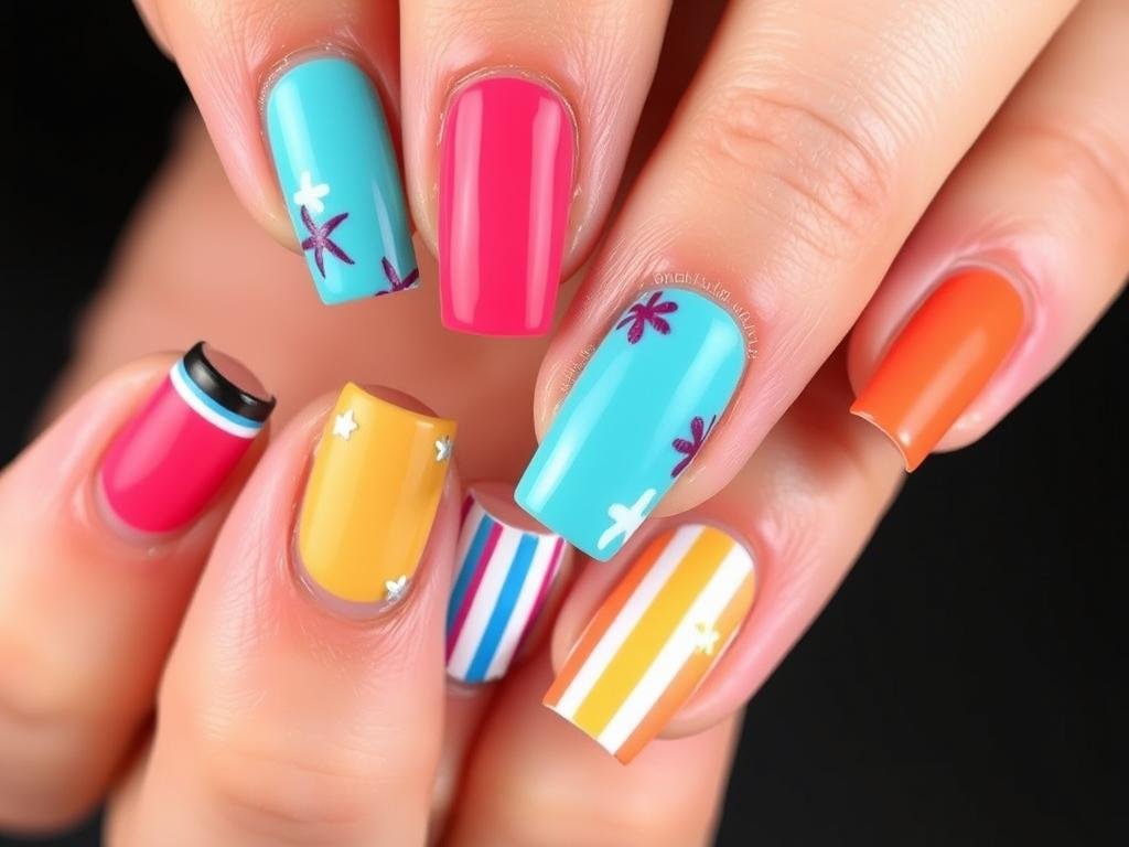 Beach umbrella and chair motifs on cute beach nails with striped patterns