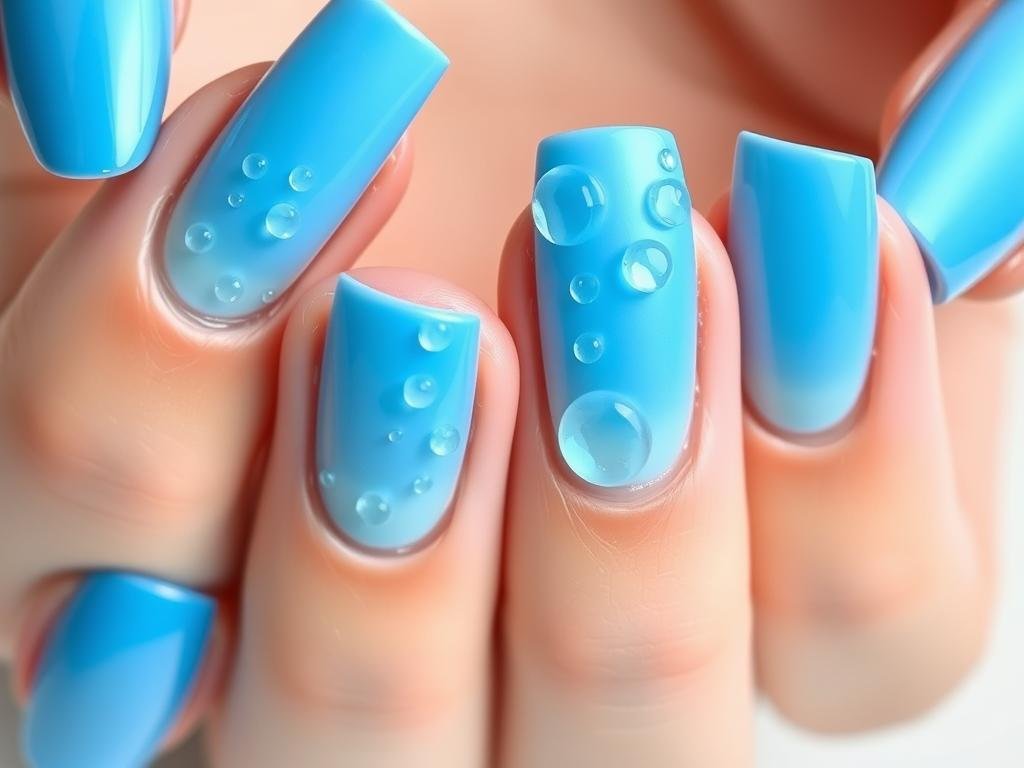 Blue beach nails with 3D water droplet effect creating realistic water appearance
