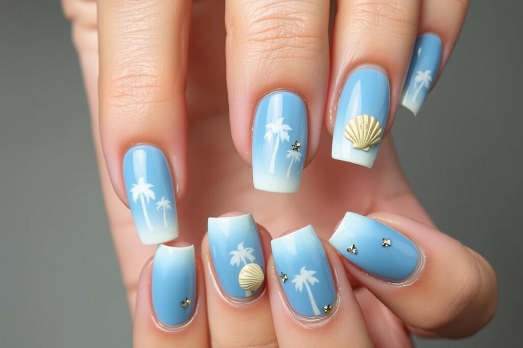Blue beach nails with tropical palm tree and seashell accents