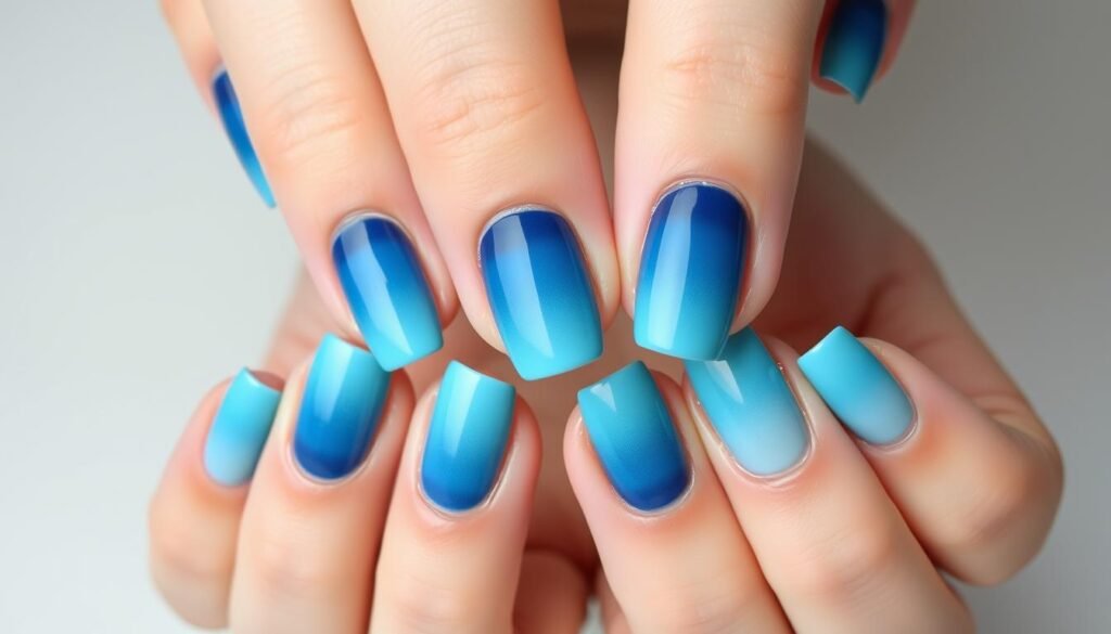 Blue beach ombré nails transitioning from deep navy to light turquoise