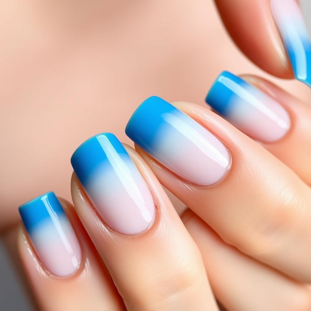 Blue ombre French tip nail design for beach vacation