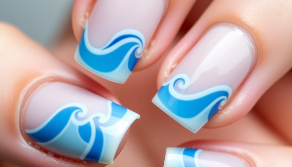 Blue wave french tip nail design for beach nail inspo