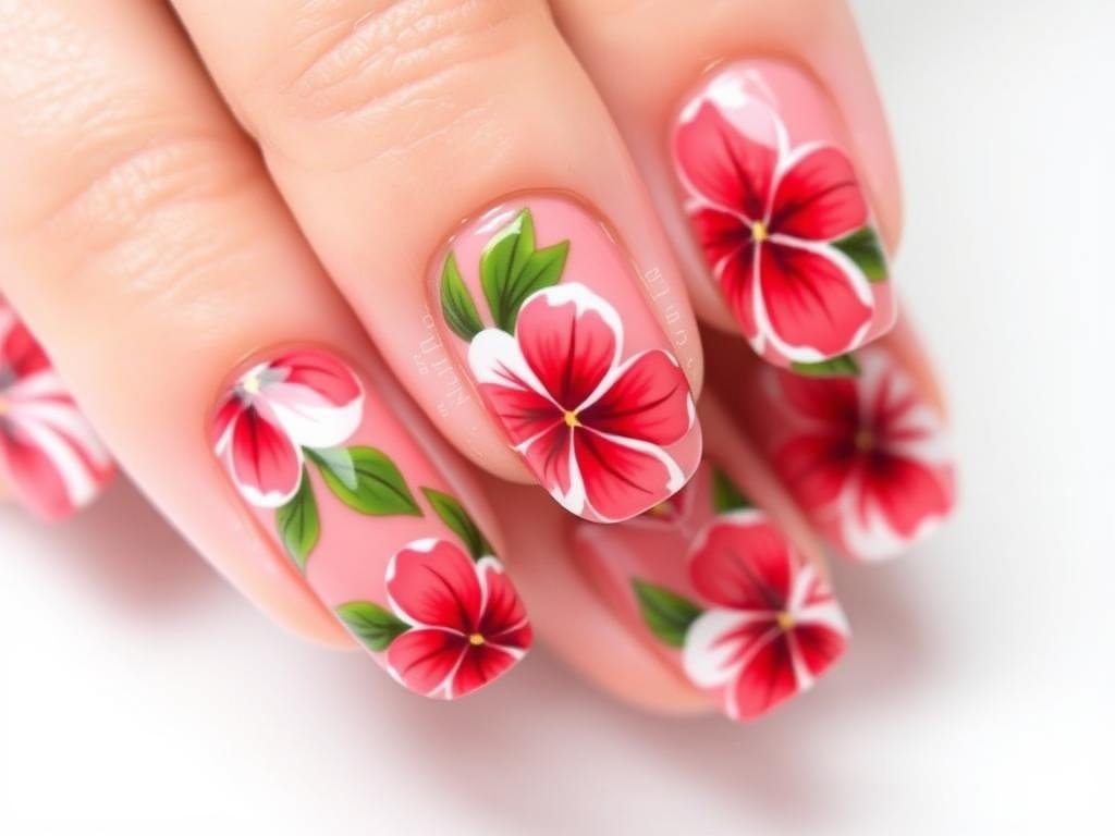 Bright hibiscus flower beach nail art on coral background