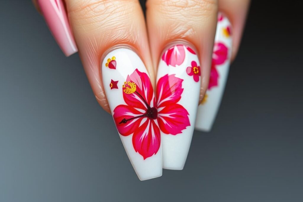Bright hibiscus flower design on cute beach nails with white base