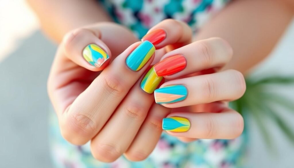 Bright tropical color nail designs for beach nails vacation ocean theme