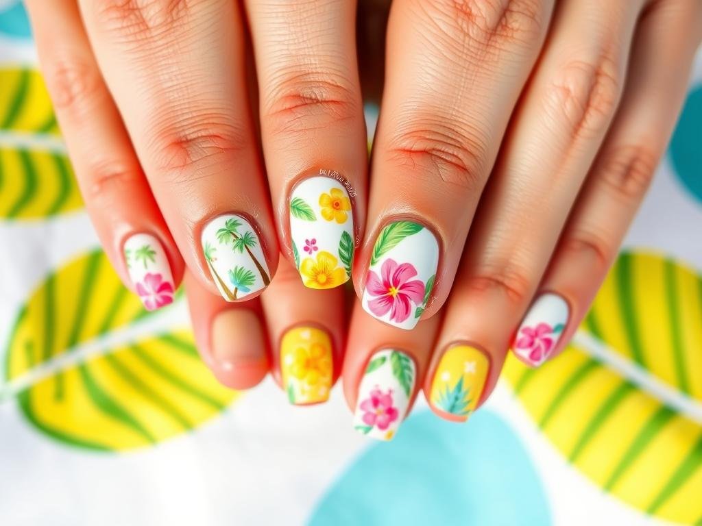 Bright tropical nail designs with palm trees and hibiscus flowers