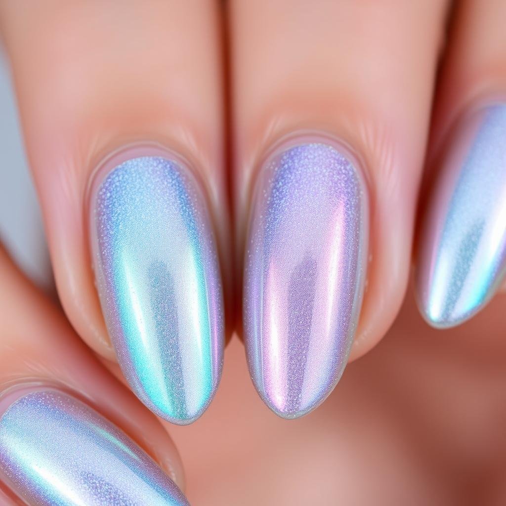 Chrome powder seashell nail design for beach vacation