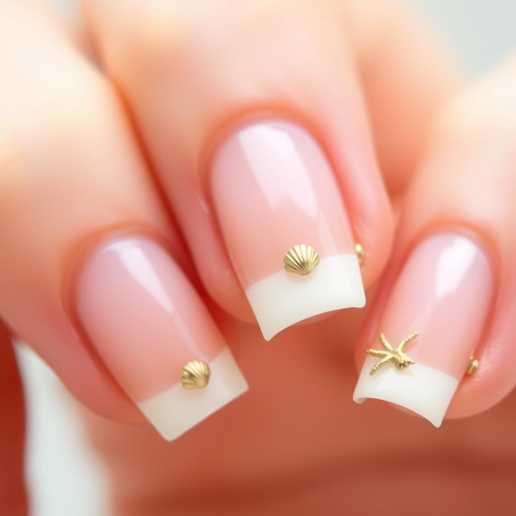 Classic French manicure with tiny gold seashell accents along the tip line for a trendy beach nail look