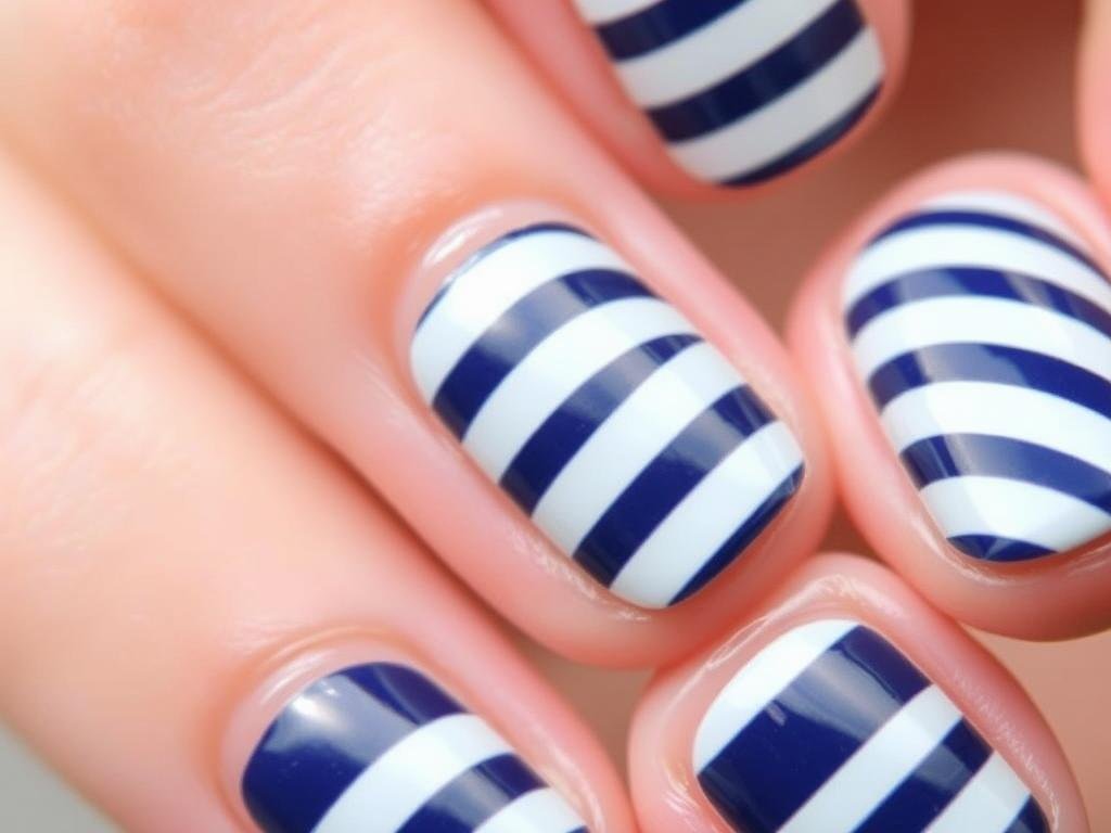 Classic nautical striped beach nail design in navy and white