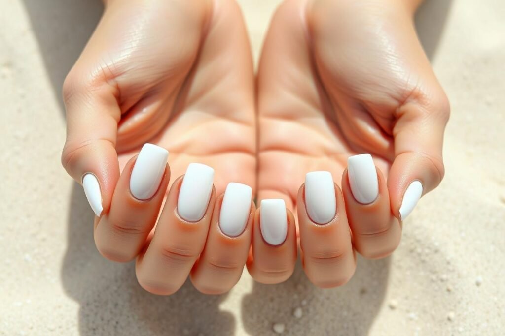 Classic pure white nails with glossy finish on a beach background