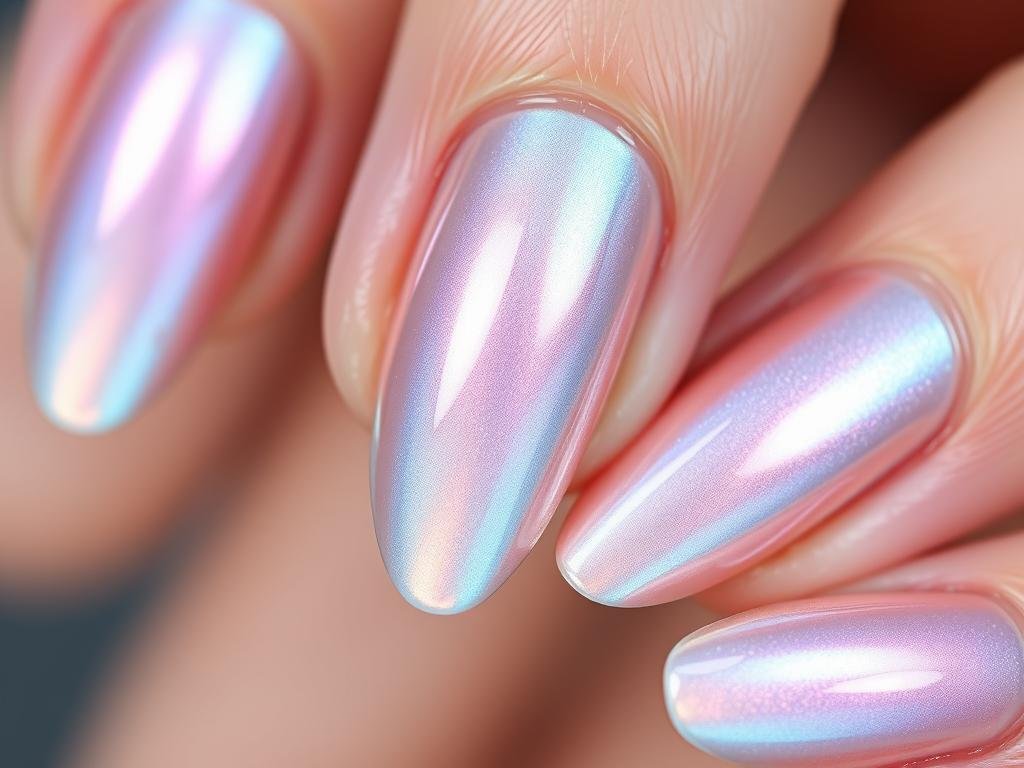 Classy beach nails with iridescent seashell-inspired chrome finish