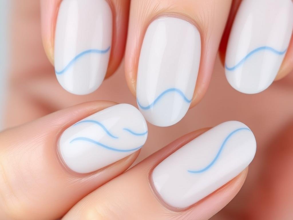 Classy beach nails with minimalist wave design in soft blue on neutral base