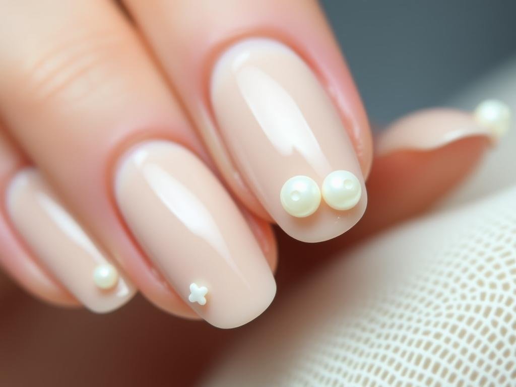 Classy beach nails with nude base and elegant pearl embellishments
