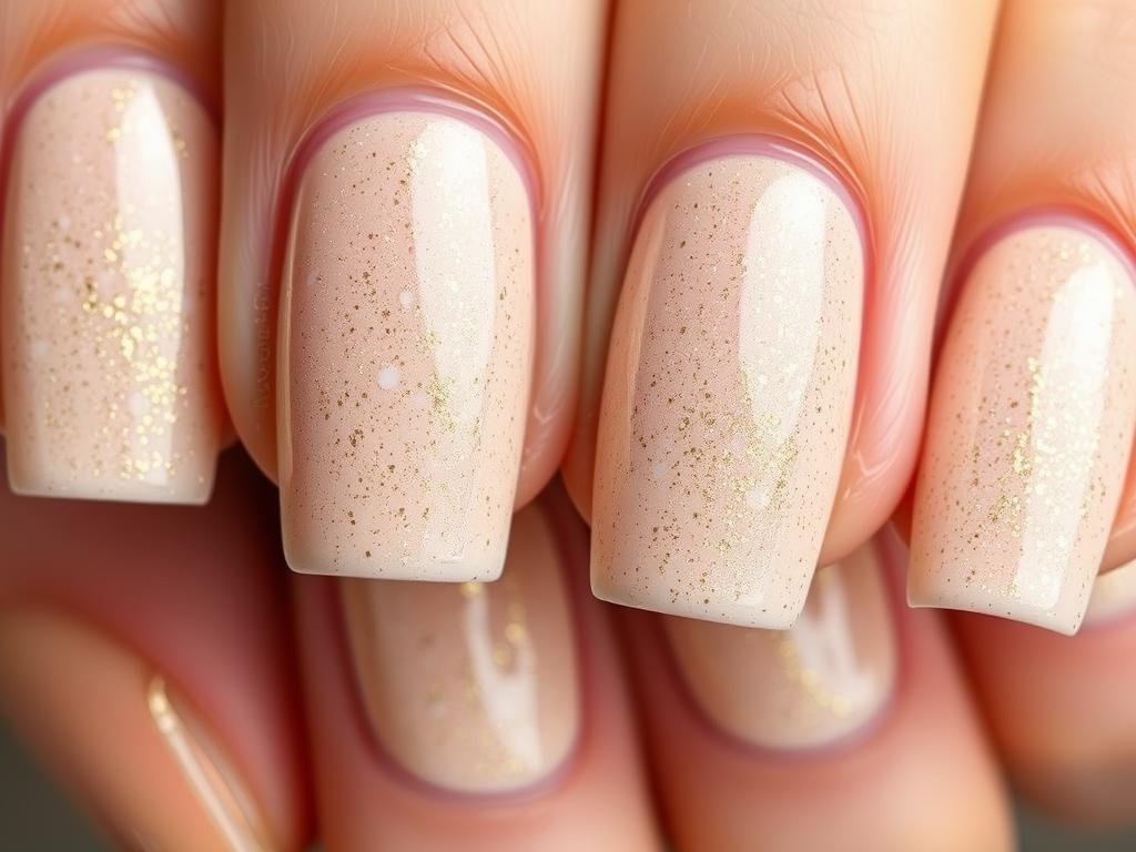 Classy beach nails with sandy texture and gold shimmer effect