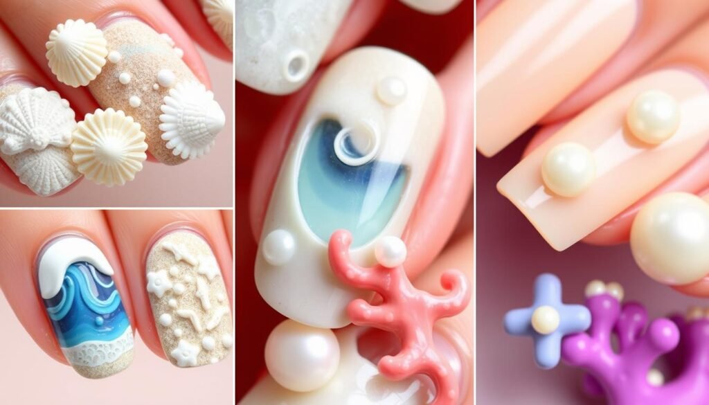 Close-up details of various 3D beach nail art techniques and designs