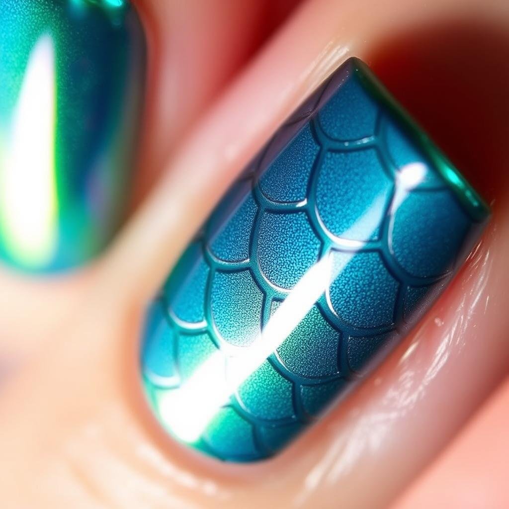 Close-up of chrome mermaid nail with scale pattern