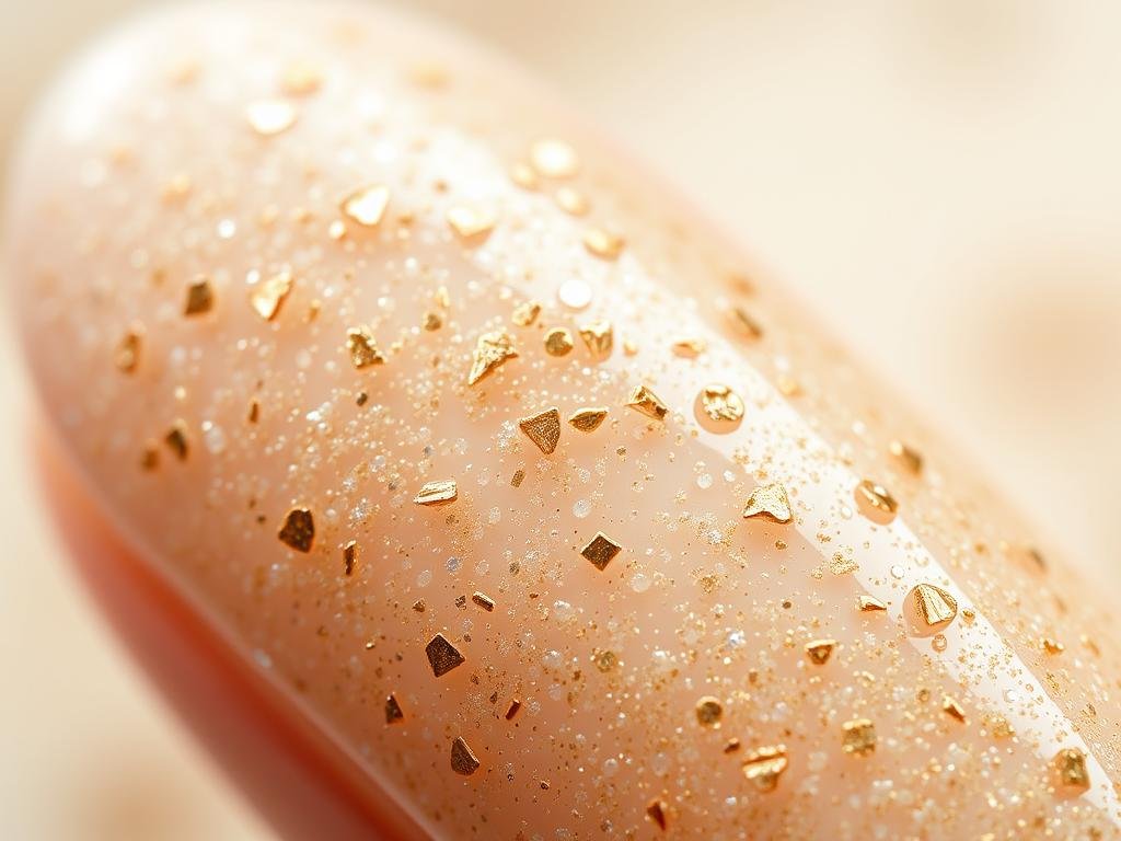 Close-up of glittering sand effect nail art for beach nail inspo