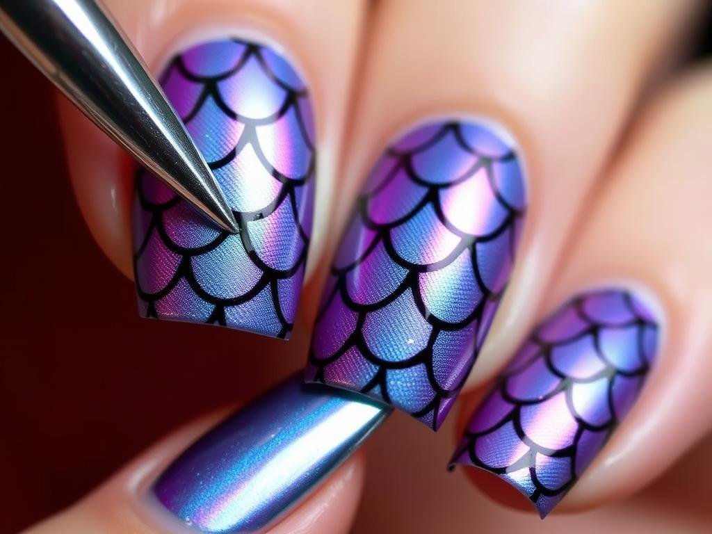 Close-up of mermaid scale nail art technique for beach nail inspo