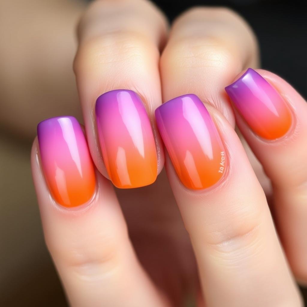 Close-up of ombre summer beach nails in sunset colors