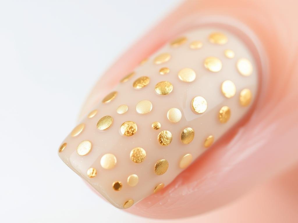 Close-up of sandy polka dot nail design