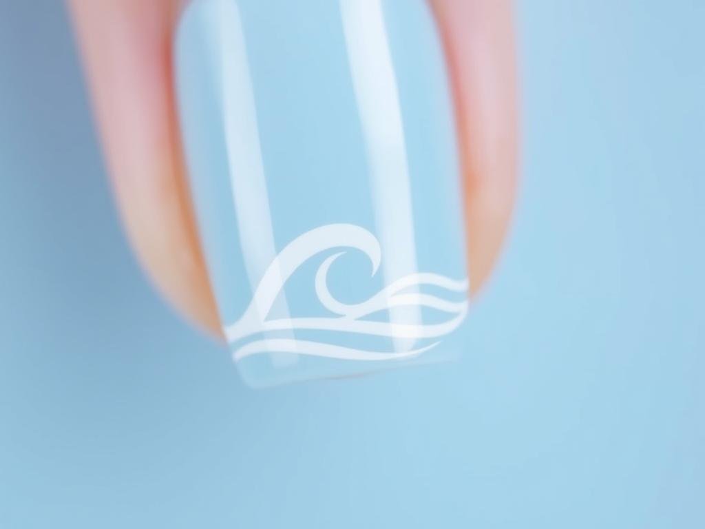 Close-up of simple wave accent nail design on blue background