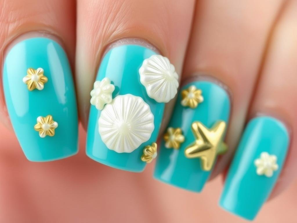 Close-up of trendy beach nails featuring 3D seashell designs in pearlescent white and gold on a turquoise base