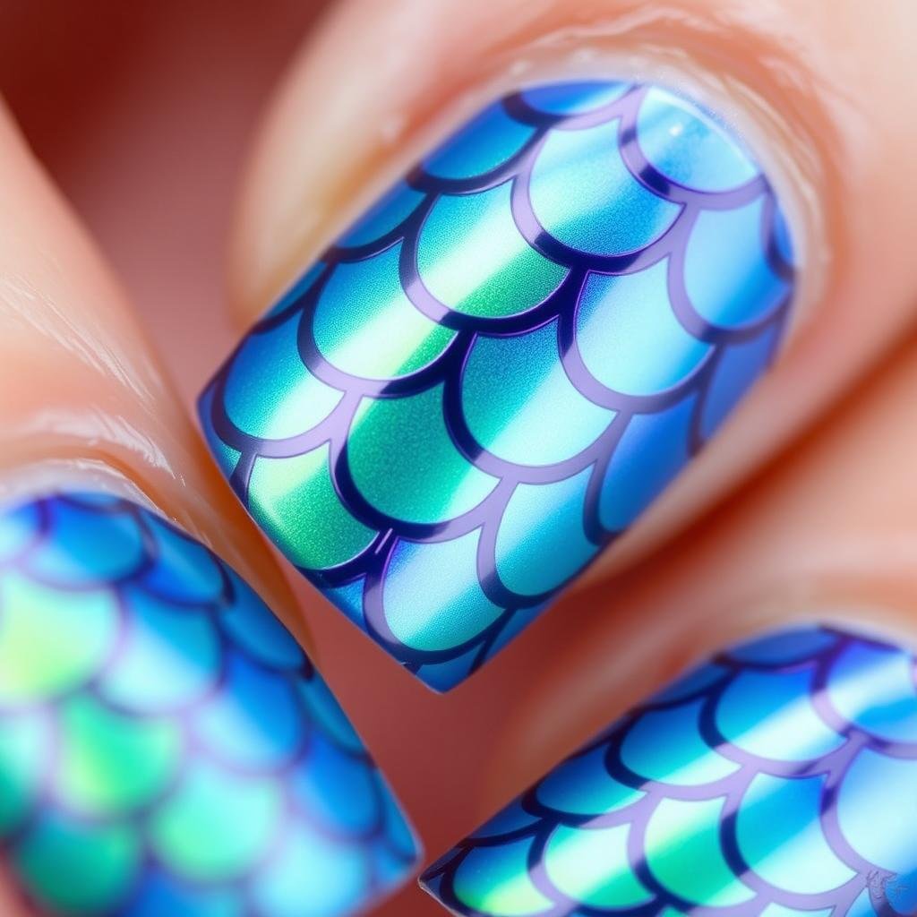 Close-up of trendy beach nails with detailed mermaid scale pattern in blue and green tones