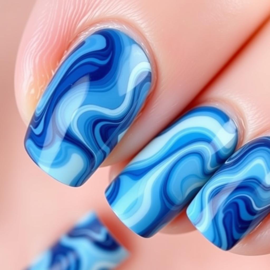Close-up of trendy beach nails with marble wave effect in various blue tones