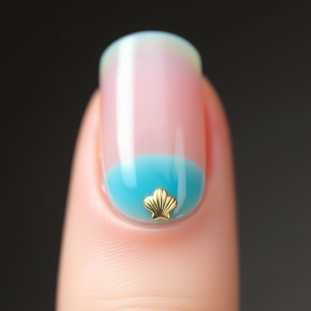 Close-up of turquoise French tip with gold seashell accent