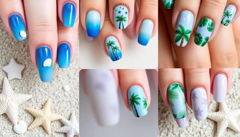 Collage of beach nail ideas featuring ocean blues, seashells, and tropical designs