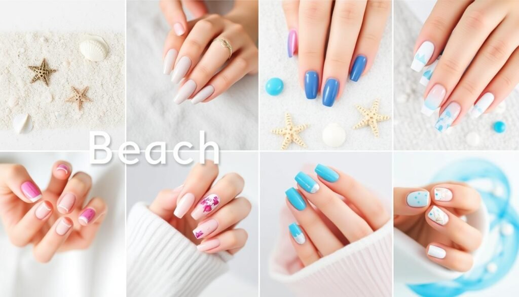 Collection of all beach nail ideas featured in the article arranged in an inspirational mood board