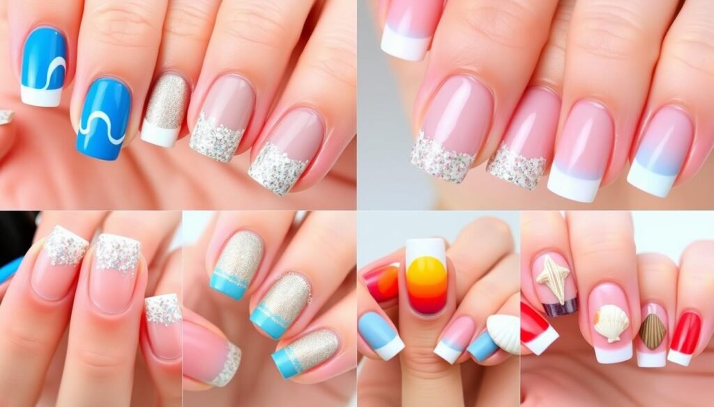 Collection of beach-inspired French tip nail designs