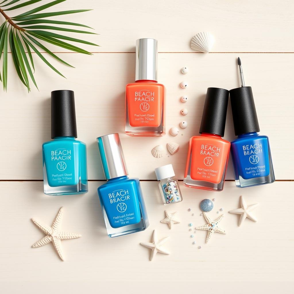 Collection of beach nail art supplies including blue and coral polishes, dotting tools, and seashell decorations