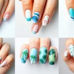 Collection of beach nail designs featuring ocean waves, seashells, and tropical patterns