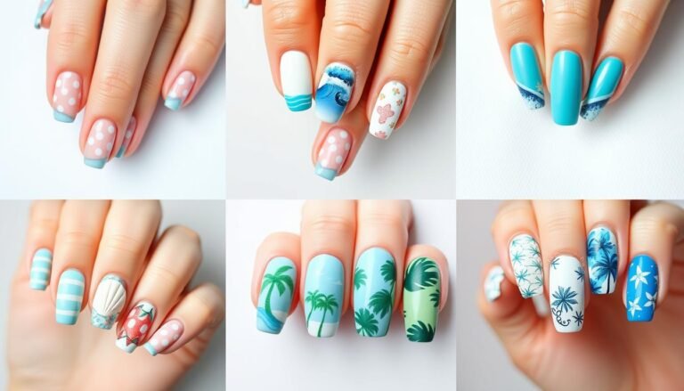 Collection of beach nail designs featuring ocean waves, seashells, and tropical patterns