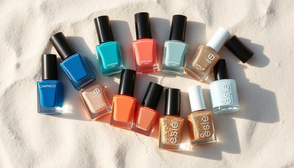 Collection of beach-perfect nail polish colors arranged on sand