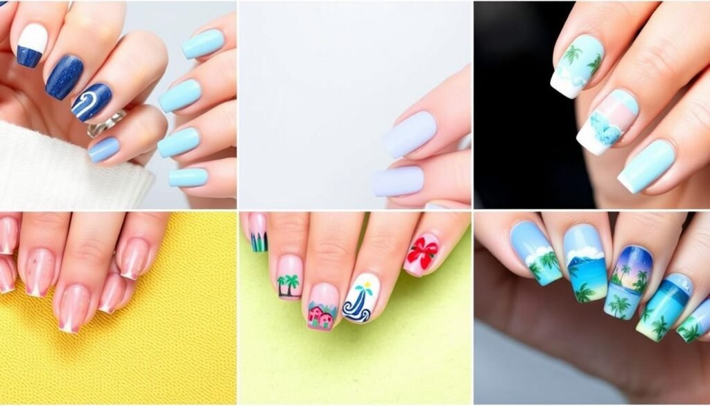Collection of celebrity beach nail designs from social media and red carpet events