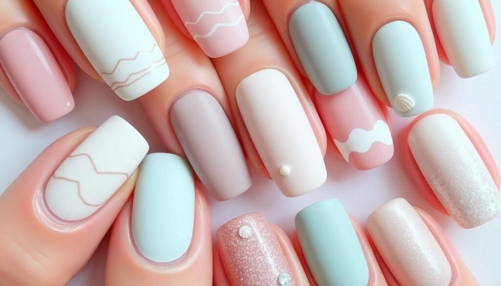 Collection of minimalist beach nail designs with subtle coastal elements