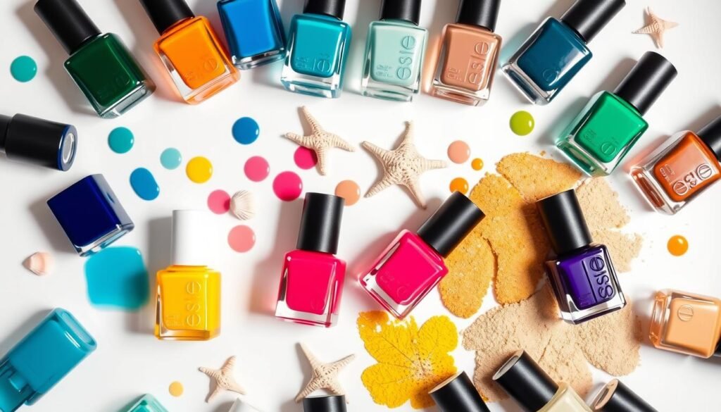 Collection of nail polish bottles arranged in beach-inspired color palettes