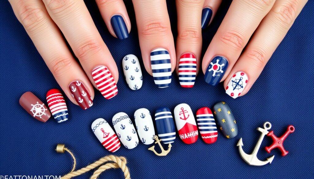 Collection of nautical beach nail designs including anchors, stripes, and maritime symbols