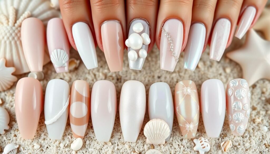 Collection of seashell beach nail designs in various styles and colors