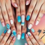 Collection of trending beach nail art designs including ocean waves, seashells, and palm trees