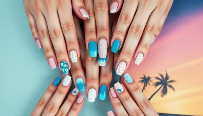 Collection of trending beach nail art designs including ocean waves, seashells, and palm trees