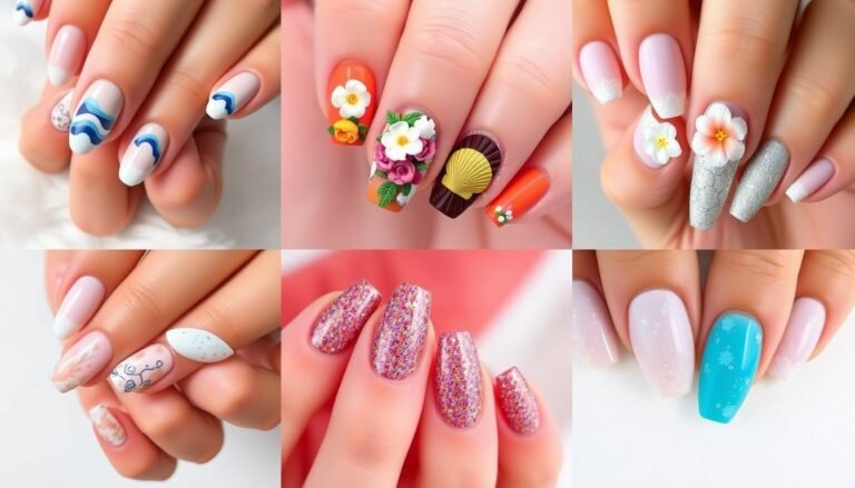 Collection of trending summer beach nails designs including ocean waves, seashells, and tropical patterns
