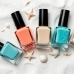 Collection of trendy beach nail polish colors including ocean blues, sandy beiges, and coral pinks arranged on a white sand background