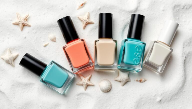 Collection of trendy beach nail polish colors including ocean blues, sandy beiges, and coral pinks arranged on a white sand background