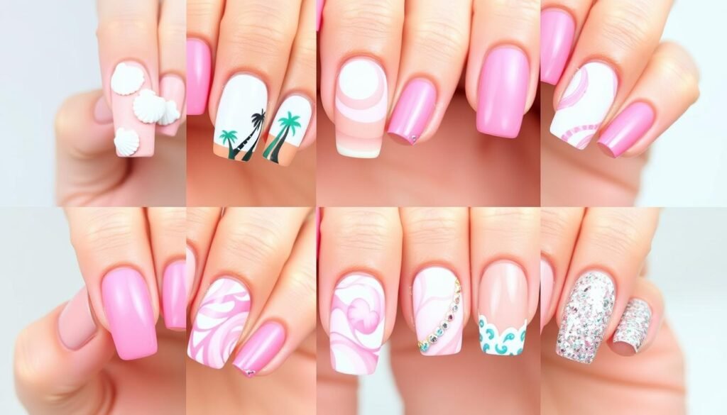 Collection of various pink beach nail designs showcasing the versatility of this nail art trend