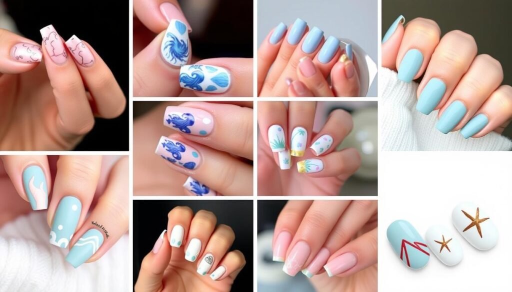 Collection of various trendy beach nail designs showcasing the range of styles from the article