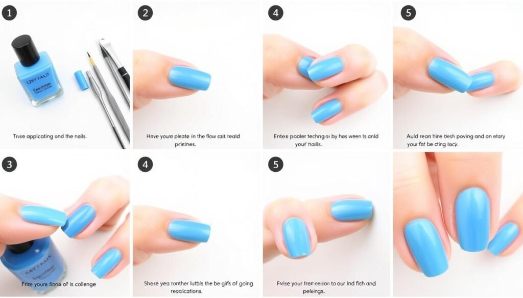 DIY blue beach nail tutorial showing step-by-step process
