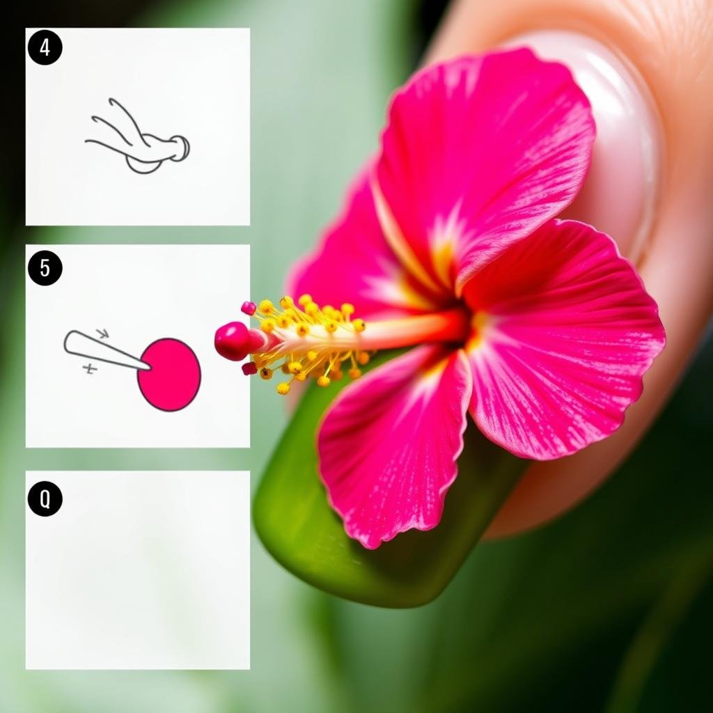 Detailed hibiscus flower nail art technique for beach nail inspo